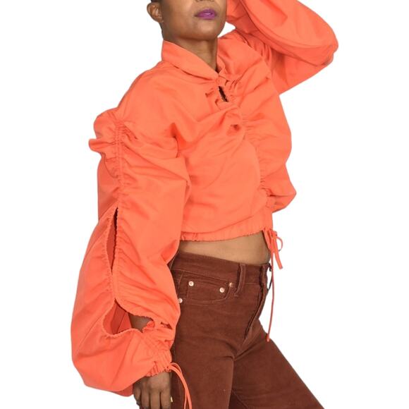 Love Highlight Bubble Sleeve Top Orange Blouse Ruched Cropped Slouchy Size Small - Picture 6 of 15